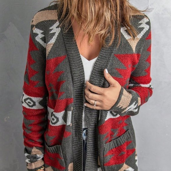 . Sweaters - Grey Casual Womens Geo Pattern Dual Pocket Open Front Cardigan